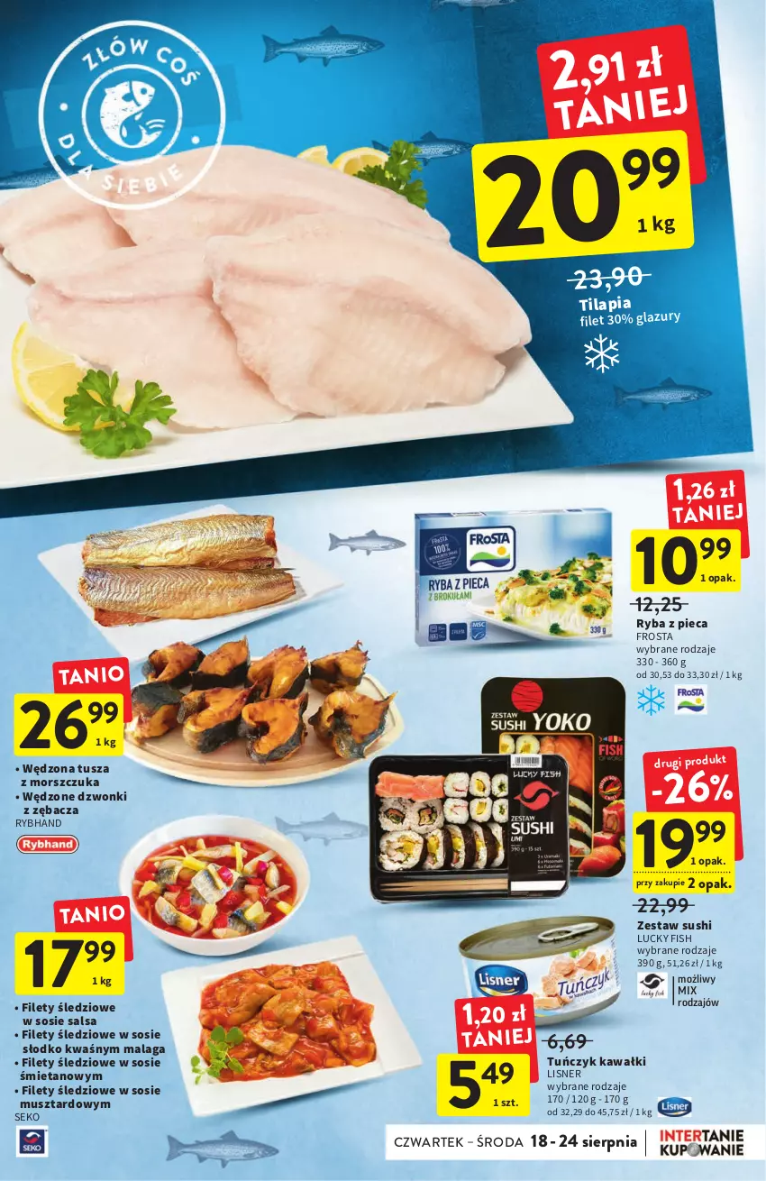 Gazetka promocyjna Intermarche - Gazetka Intermarche - ważna 18.08 do 24.08.2022 - strona 21 - produkty: Frosta, Kawa, Lazur, Lisner, Mus, Piec, Ryba, Salsa, SEKO, Sos, Sushi, Tilapia, Tuńczyk, Tusz