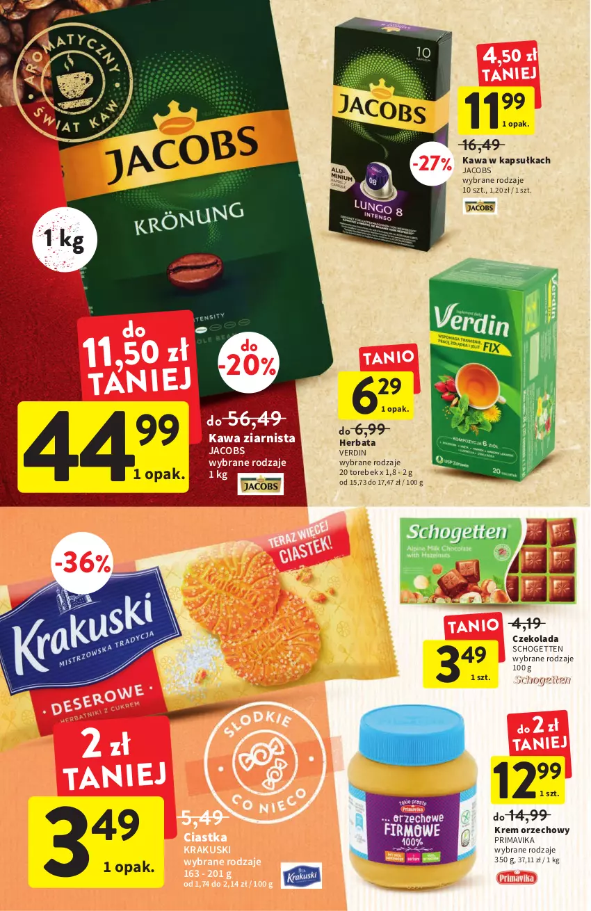 Gazetka promocyjna Intermarche - Gazetka Intermarche - ważna 18.08 do 24.08.2022 - strona 28 - produkty: Ciastka, Czekolada, Herbata, Jacobs, Kawa, Kawa ziarnista, Krakus, Krakuski, Krem orzechowy, Prima, Primavika, Schogetten