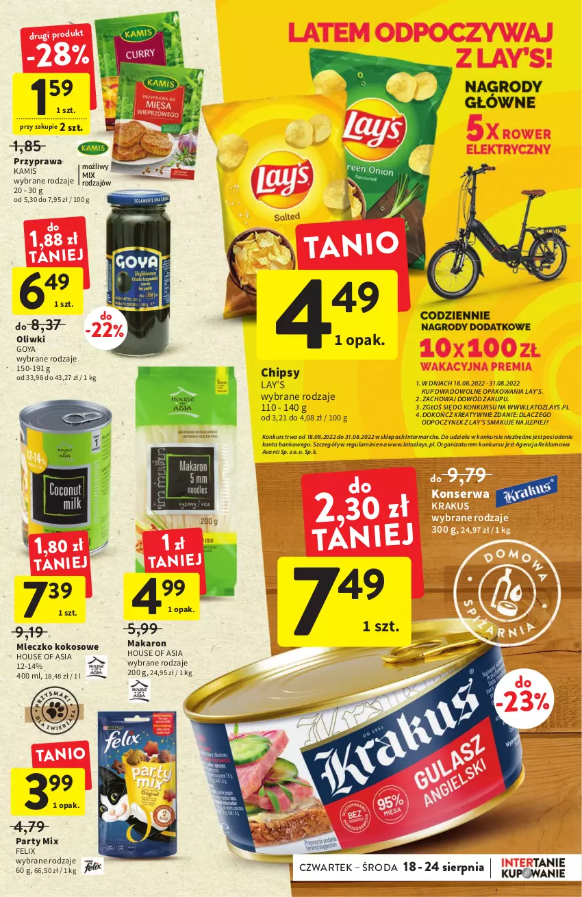 Gazetka promocyjna Intermarche - Gazetka Intermarche - ważna 18.08 do 24.08.2022 - strona 29 - produkty: Chipsy, Felix, House of Asia, Kamis, Kokos, Krakus, Lay’s, Makaron, Mleczko, Oliwki, Ser