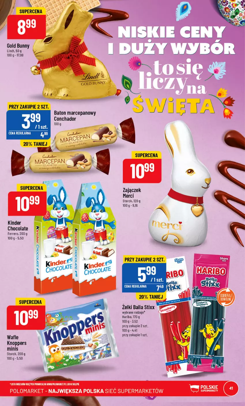 Gazetka promocyjna PoloMarket - Gazetka pomocyjna - ważna 29.03 do 04.04.2023 - strona 41 - produkty: Baton, Baton marcepanowy, Ferrero, Haribo, Kinder, Knoppers, Lindt, Merci, Wafle