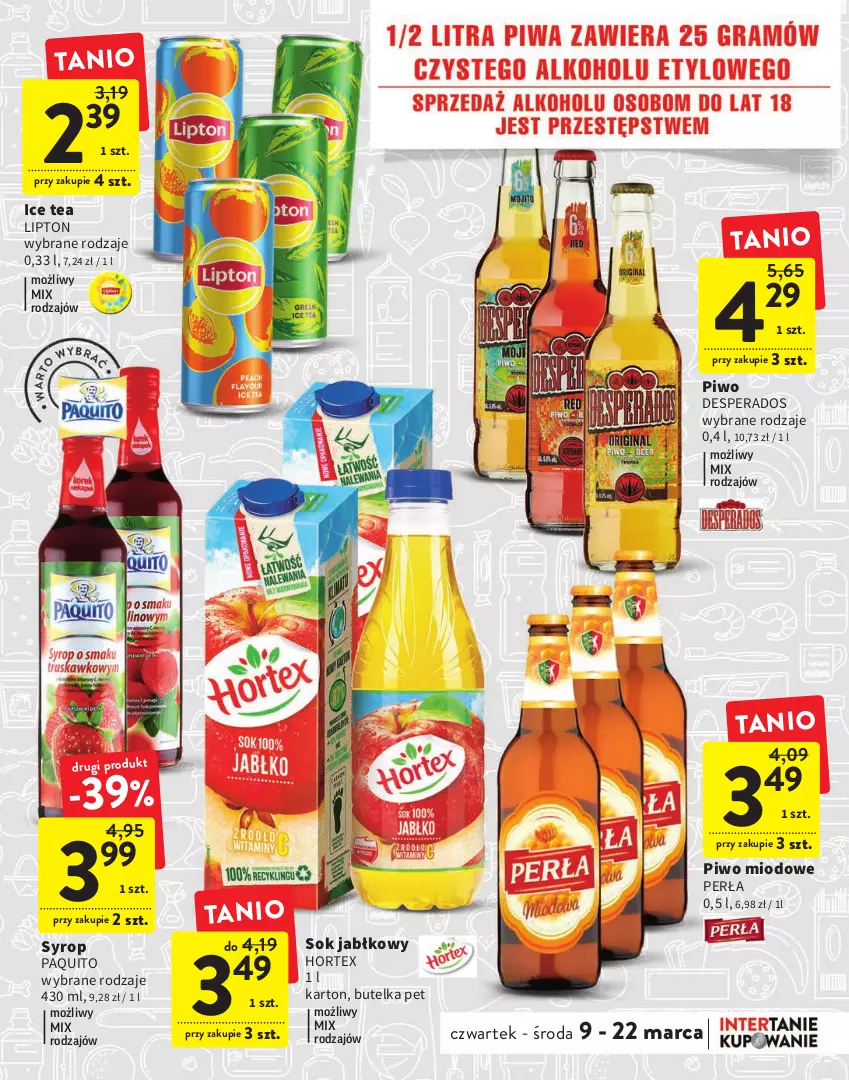 Gazetka promocyjna Intermarche - Gazetka Intermarche - ważna 09.03 do 22.03.2023 - strona 17 - produkty: Desperados, Hortex, Ice tea, Lipton, Perła, Piwo, Sok, Sok jabłkowy, Syrop