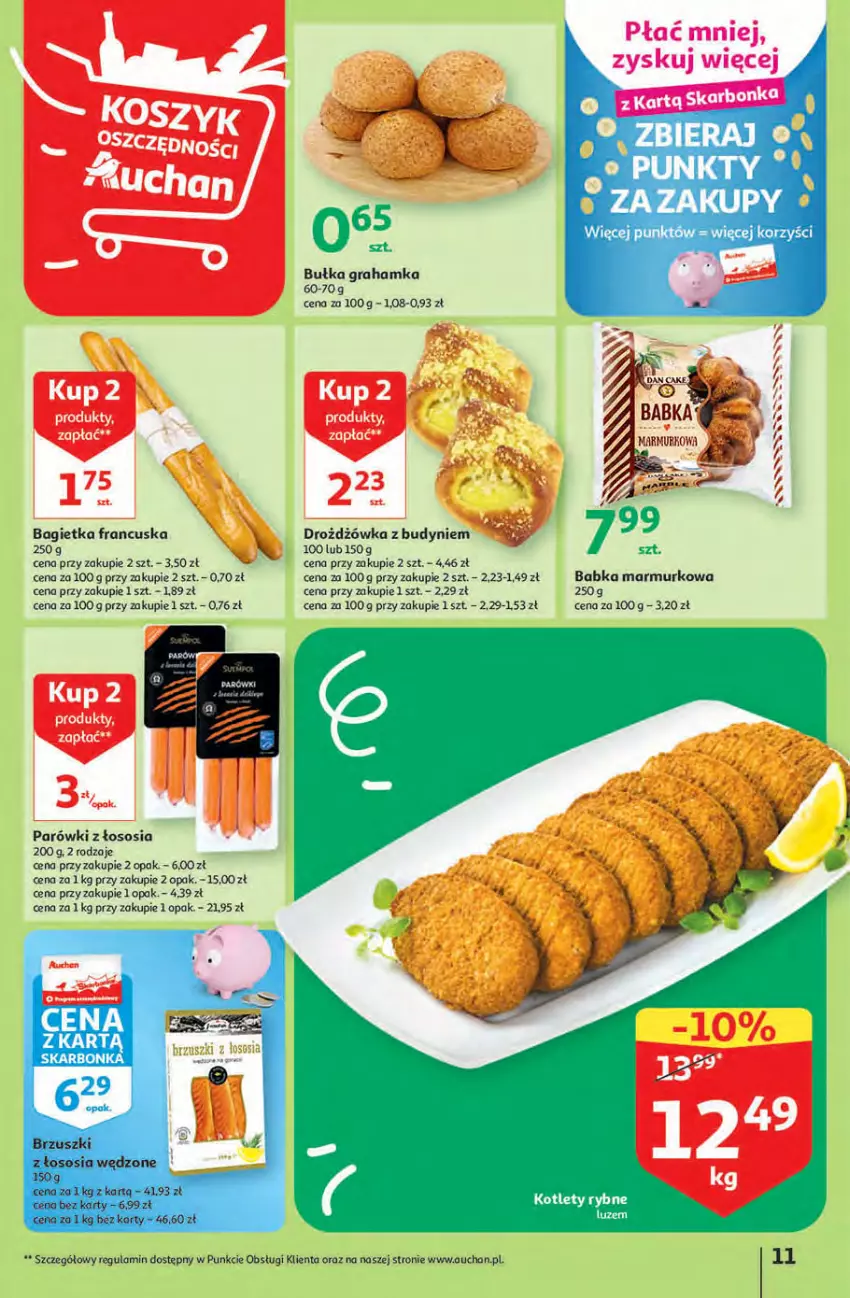 Gazetka promocyjna Auchan - Gazetka KORZYŚCI z kartą SKARBONKA Hipermarket Auchan - ważna 02.02 do 08.02.2023 - strona 11 - produkty: Babka, Bagietka, Brzuszki z łososia, Bułka, Bułka grahamka, Gra, Parówki, Sos