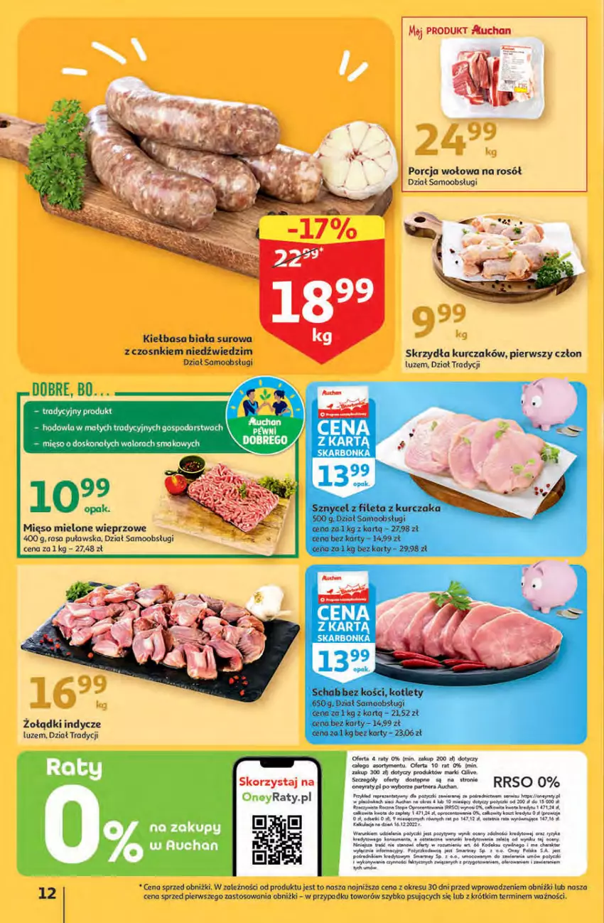 Gazetka promocyjna Auchan - Gazetka KORZYŚCI z kartą SKARBONKA Hipermarket Auchan - ważna 02.02 do 08.02.2023 - strona 12 - produkty: Fa, Kiełbasa, Kiełbasa biała, Kosz, Kotlet, Kurczak, Mięso, Mięso mielone, O nas, Por, Rosół, Schab bez kości, Ser, Top