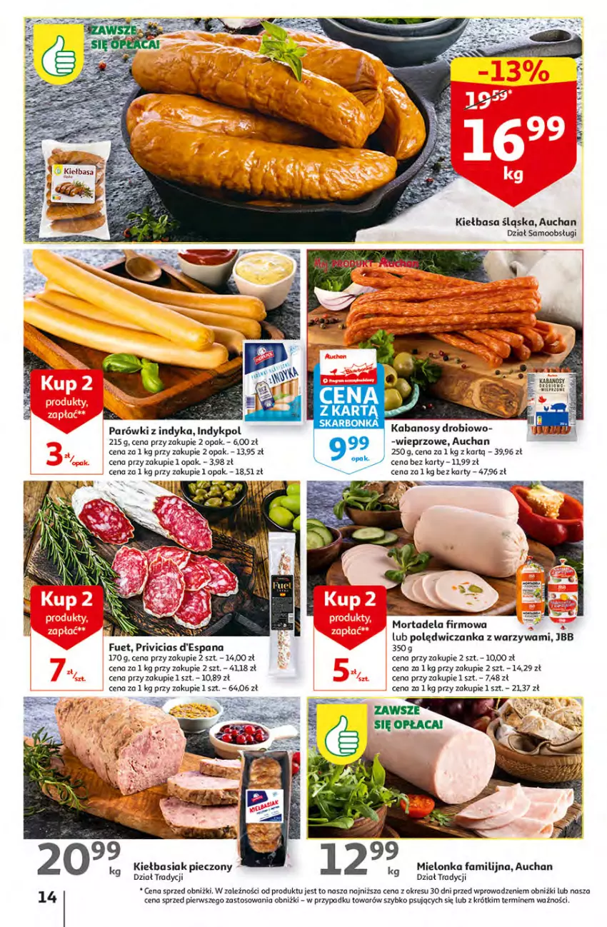 Gazetka promocyjna Auchan - Gazetka KORZYŚCI z kartą SKARBONKA Hipermarket Auchan - ważna 02.02 do 08.02.2023 - strona 14 - produkty: Basia, Fa, Kabanos, Kiełbasa, Kiełbasa śląska, O nas, Parówki, Parówki z indyka, Piec, Warzywa