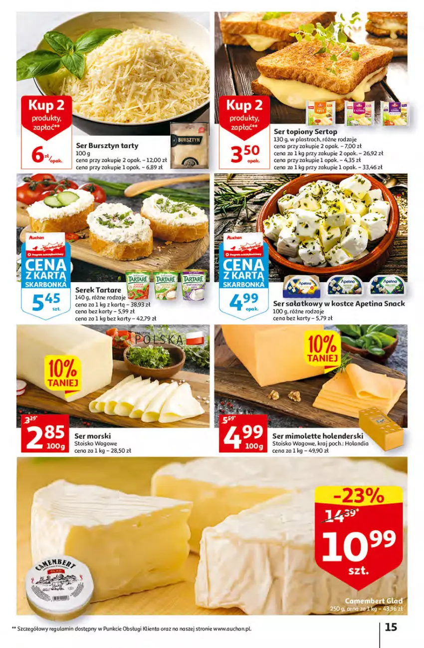 Gazetka promocyjna Auchan - Gazetka KORZYŚCI z kartą SKARBONKA Hipermarket Auchan - ważna 02.02 do 08.02.2023 - strona 15 - produkty: Mimolette, Sałat, Ser, Ser topiony, Serek, Tarta, Tartare, Top