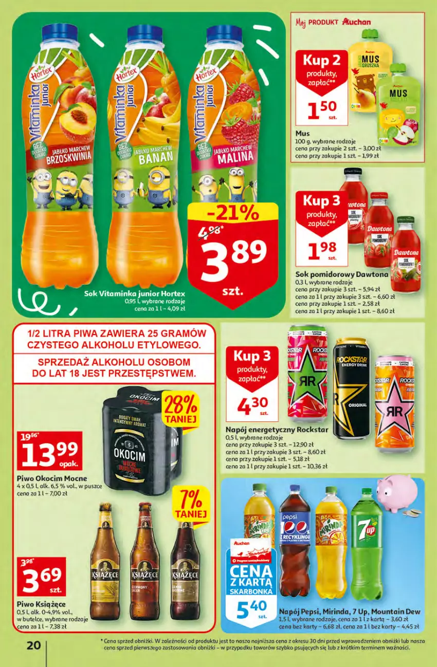 Gazetka promocyjna Auchan - Gazetka KORZYŚCI z kartą SKARBONKA Hipermarket Auchan - ważna 02.02 do 08.02.2023 - strona 20 - produkty: Dawtona, Gra, Koc, Książęce, Mirinda, Mus, Napój, Napój energetyczny, O nas, Okocim, Pepsi, Piwa, Piwo, Sok, Sok pomidorowy