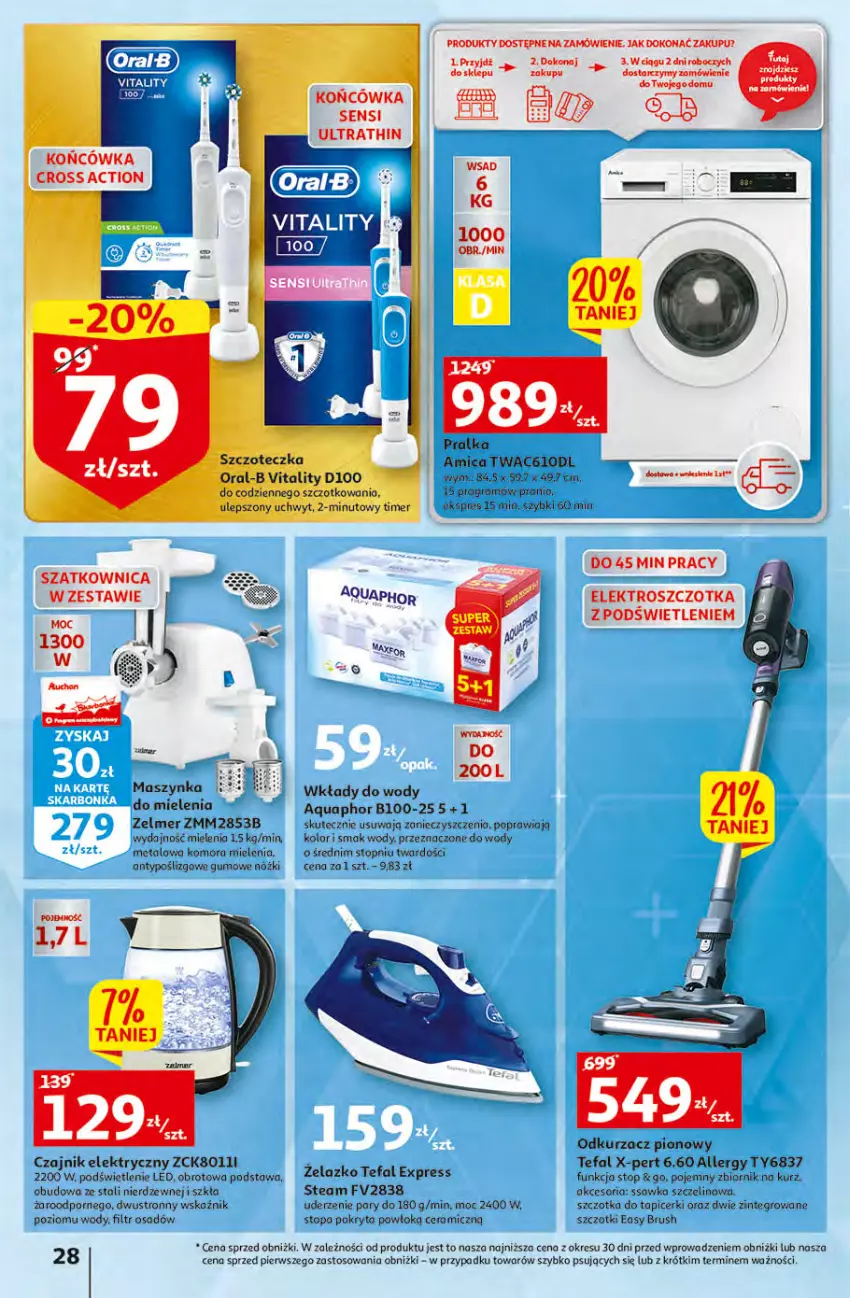 Gazetka promocyjna Auchan - Gazetka KORZYŚCI z kartą SKARBONKA Hipermarket Auchan - ważna 02.02 do 08.02.2023 - strona 28 - produkty: Amica, Aquaphor, Czajnik, Czajnik elektryczny, Fa, Maszynka, Maszynka do mielenia, O nas, Odkurzacz, Por, Szatkownica, Szczotka, Szynka, Tefal, Top, Zelmer