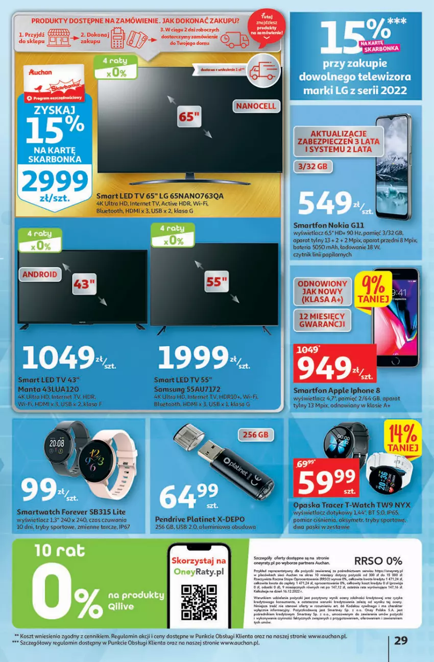 Gazetka promocyjna Auchan - Gazetka KORZYŚCI z kartą SKARBONKA Hipermarket Auchan - ważna 02.02 do 08.02.2023 - strona 29 - produkty: Acer, Bateria, Fa, IPhone 8, Kosz, LED TV, LG, Nokia, Opaska, Pendrive, Piec, PLATINET, Por, Smartfon, Smartwatch, Sport