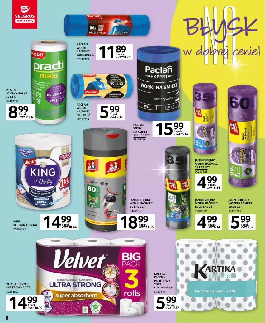 Gazetka promocyjna Selgros - Katalog Sprzątanie - ważna 02.03 do 15.03.2023 - strona 8 - produkty: Jan Niezbędny, Papier, Ręcznik, Velvet, Worki na śmiec, Worki na śmieci