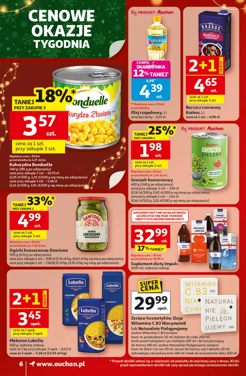 Gazetka promocyjna Auchan - Gazetka Święta jak babcię kocham Supermarket Auchan - ważna 18.12 do 23.12.2025 - strona 6 - produkty: Balsam do ciała, Bell, Bella, Dawtona, Fa, Groszek, Krakus, Krem na dzień, Krem na dzień i na noc, Lubella, Makaron, Makijaż, Ogórki konserwowe, Olej, Olej rzepakowy, Rum, Ser, Serum, Serum do twarzy, Suplement diety, Tonik, Ziaja