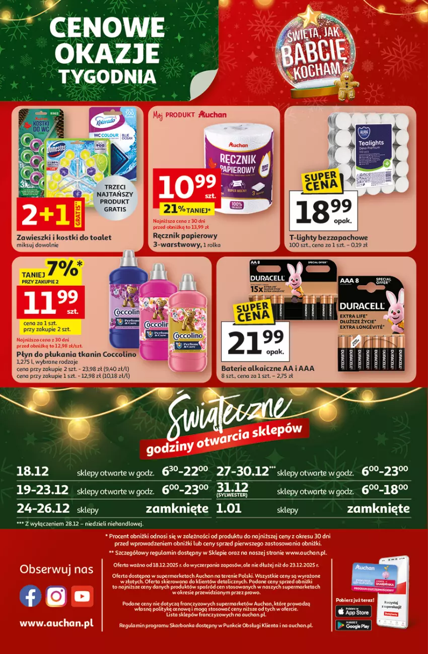 Gazetka promocyjna Auchan - Gazetka Święta jak babcię kocham Supermarket Auchan - ważna 18.12 do 23.12.2025 - strona 8 - produkty: Coccolino, Duracell, Fa, Gra, Papier, Płyn do płukania, Ręcznik, Salsa, Zawieszki