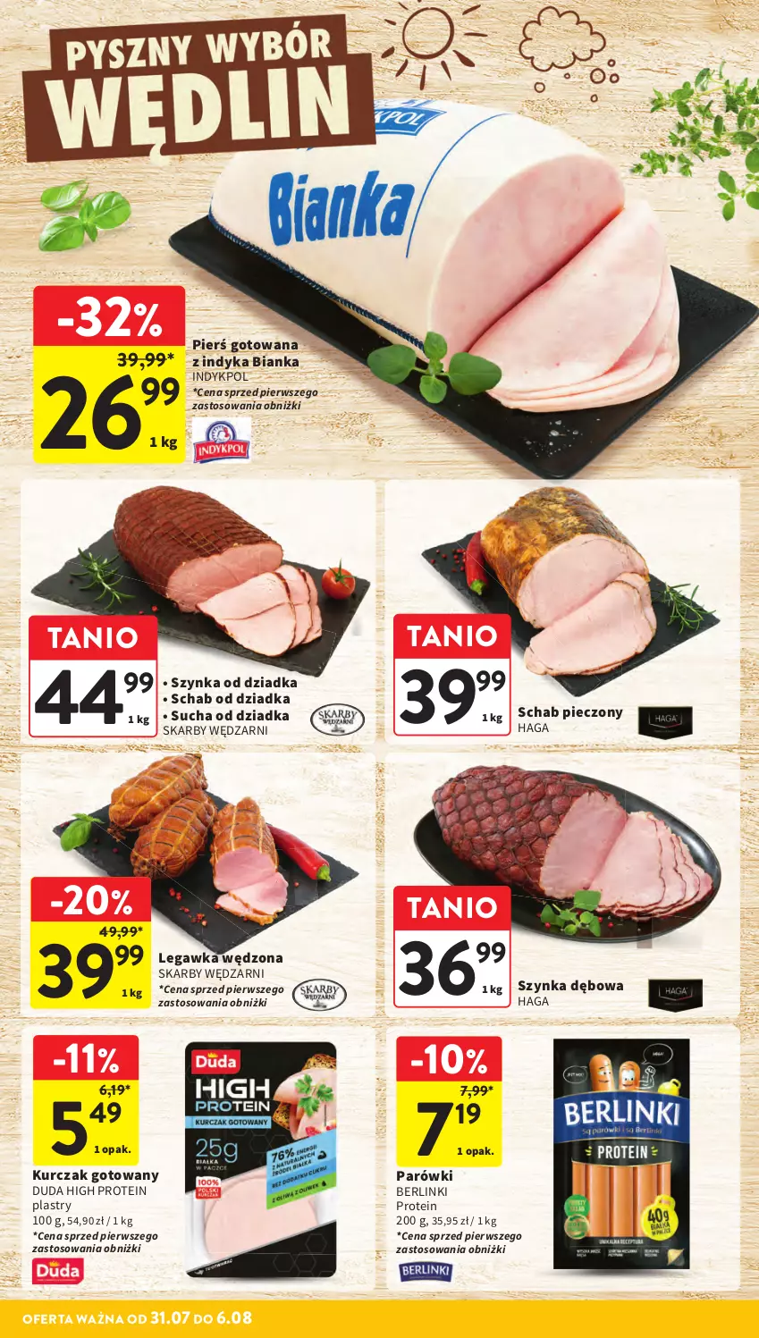 Gazetka promocyjna Intermarche - Gazetka Intermarche - ważna 31.07 do 06.08.2025 - strona 14 - produkty: Berlinki, Bianka, Duda, Kurczak, Kurczak gotowany, Parówki, Piec, Schab pieczony, Szynka