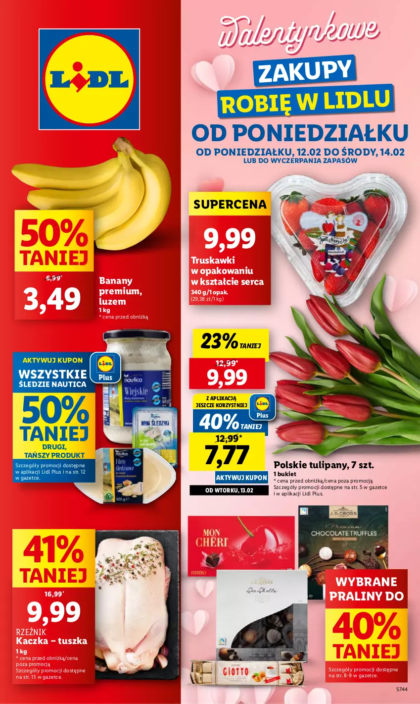 Gazetka promocyjna Lidl - GAZETKA - ważna 12.02 do 14.02.2024 - strona 1 - produkty: Banany, Bukiet, Kaczka, Praliny, Ser, Truskawki, Tulipan, Tusz