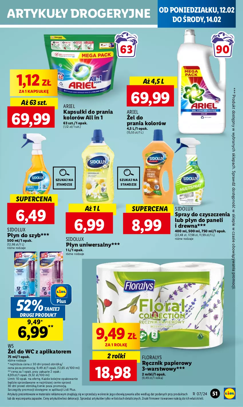 Gazetka promocyjna Lidl - GAZETKA - ważna 12.02 do 14.02.2024 - strona 53 - produkty: Ariel, Flora, Kapsułki do prania, Olej, Papier, Płyn do szyb, Ręcznik, Rolki, Sidolux, Spray do czyszczenia