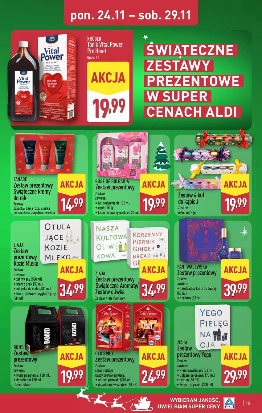 Gazetka promocyjna Aldi - Okazje weekendowe - ważna 27.11 do 29.11.2025 - strona 15 - produkty: Balsam po goleniu, Dezodorant, Dzika róża, Fa, Krem do rąk, Krem do twarzy, Krem nawilżający, LG, Mleczko, Mleczko do ciała, Mleko, Mydło, Old Spice, Perfum, Róża, Tonik, Zestaw prezentowy, Ziaja