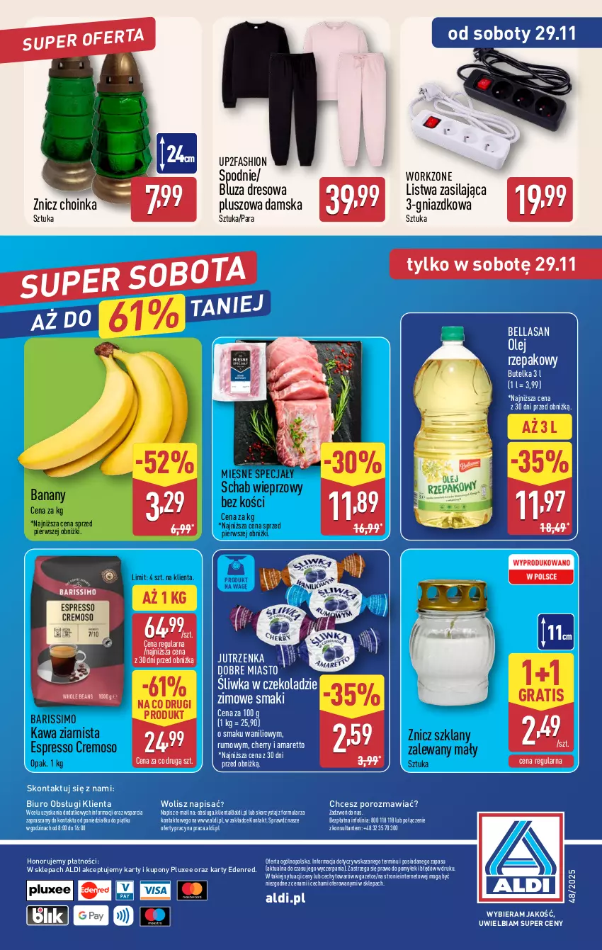 Gazetka promocyjna Aldi - Okazje weekendowe - ważna 27.11 do 29.11.2025 - strona 16 - produkty: Banany, Bell, Bella, Biuro, Bluza, Bluza dresowa, Choinka, Dres, Fa, Gra, Inka, Jutrzenka, Kawa, Kawa ziarnista, Listwa, Mięsne specjały, O nas, Olej, Olej rzepakowy, Por, Rum, Schab wieprzowy, Spodnie, Znicz