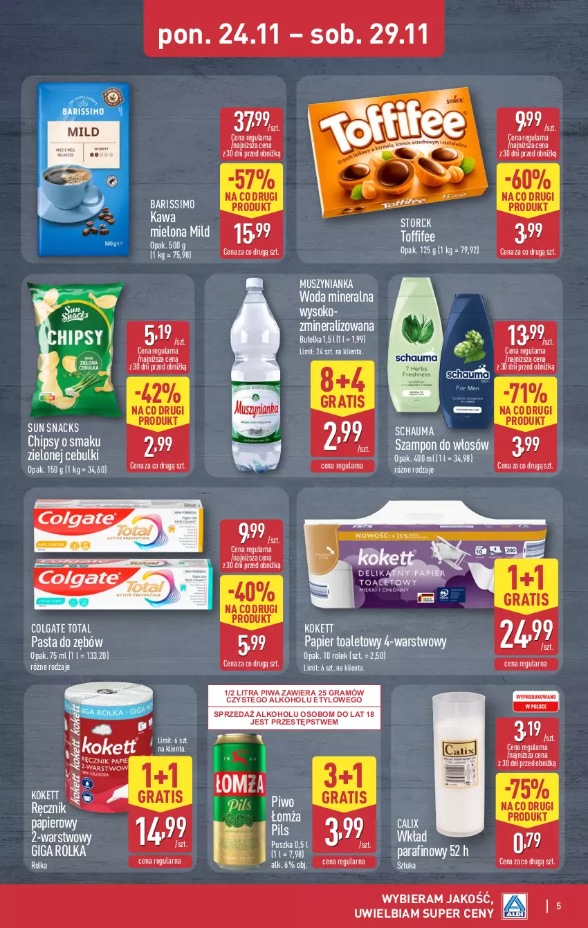 Gazetka promocyjna Aldi - Okazje weekendowe - ważna 27.11 do 29.11.2025 - strona 5 - produkty: Chipsy, Colgate, Colgate Total, Gra, Kawa, Kawa mielona, LG, Mus, Muszynianka, Papier, Papier toaletowy, Pasta do zębów, Piwa, Piwo, Ręcznik, Schauma, Sok, Szampon, Toffifee, Woda, Woda mineralna