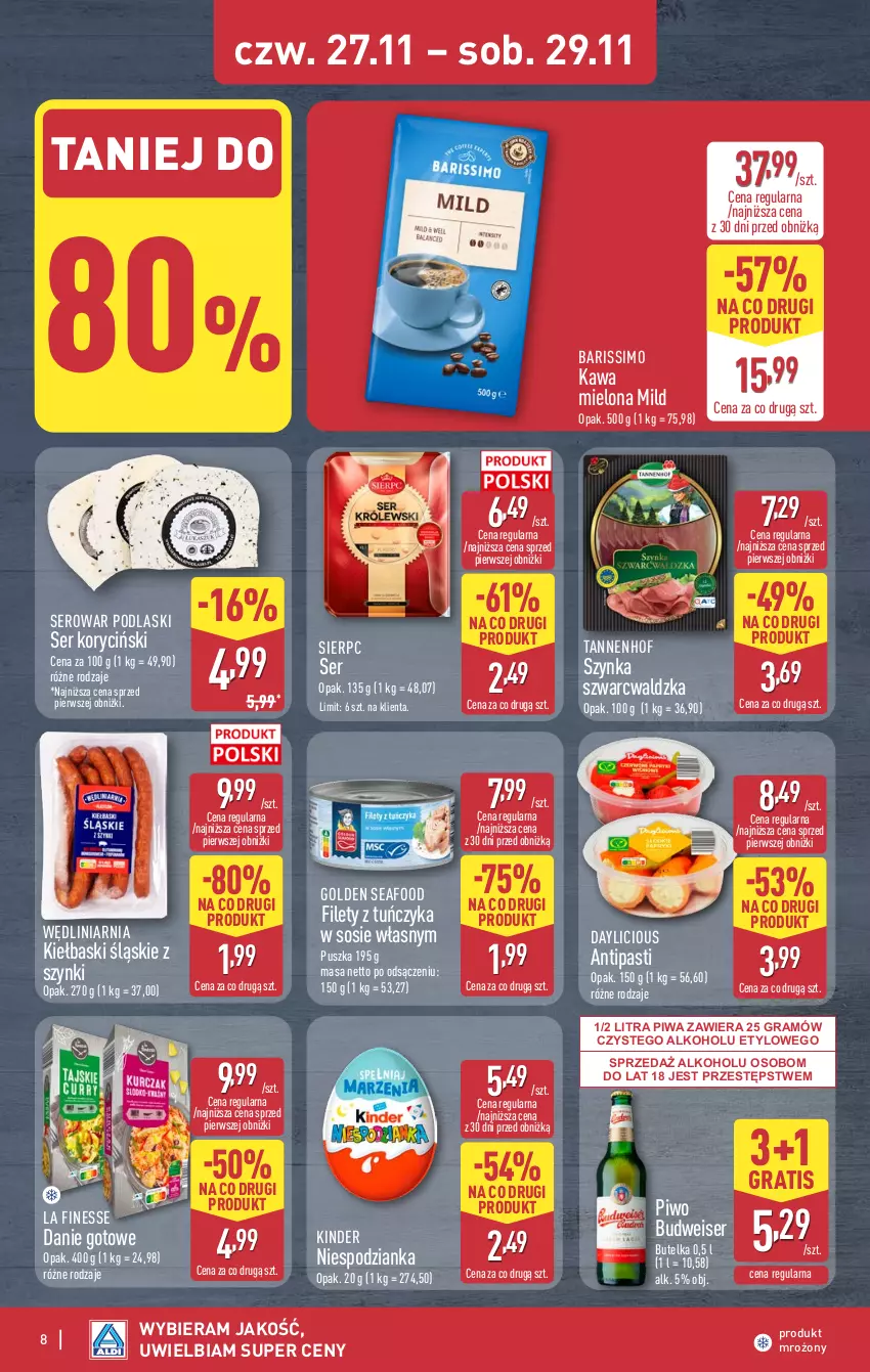 Gazetka promocyjna Aldi - Okazje weekendowe - ważna 27.11 do 29.11.2025 - strona 8 - produkty: Danie gotowe, Golden Seafood, Gra, Kawa, Kawa mielona, Kiełbaski śląskie, Kinder, Piwa, Piwo, Podlaski, Ser, Sos, Szynka, Tuńczyk