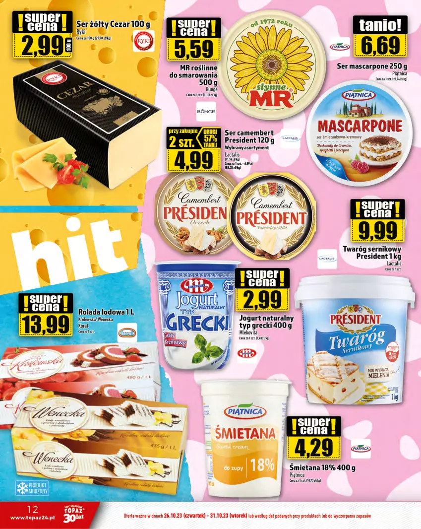 Gazetka promocyjna Topaz - Gazetka - ważna 26.10 do 31.10.2023 - strona 12 - produkty: Camembert, Jogurt, Jogurt naturalny, Mascarpone, Mleko, Mlekovita, NBA, Piątnica, Piec, Ser, Spaghetti, Top, Twaróg, Vita C