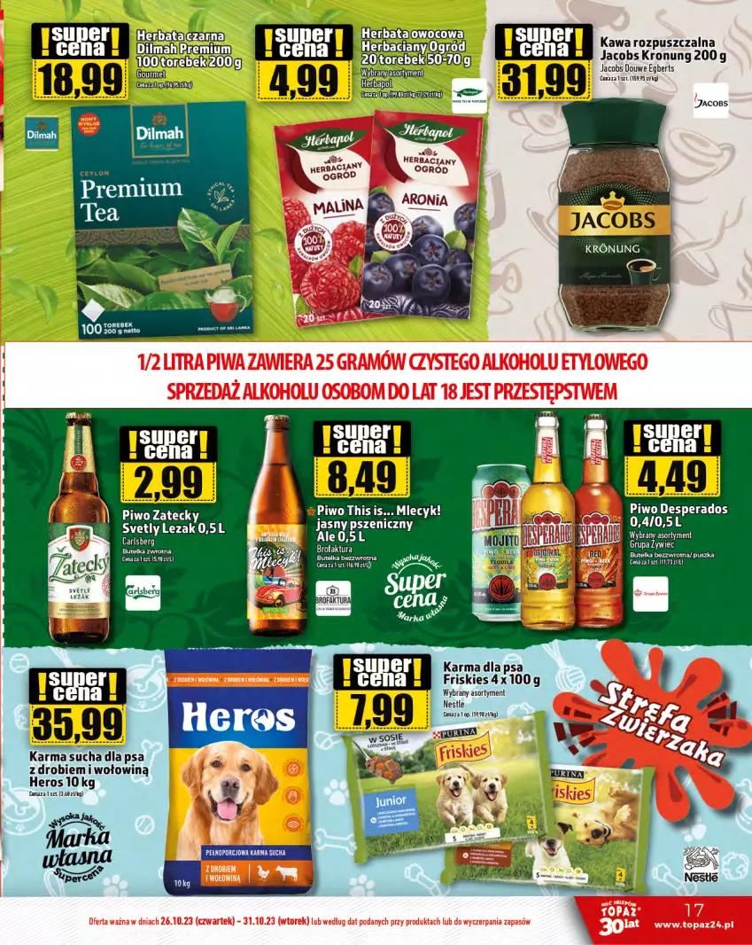 Gazetka promocyjna Topaz - Gazetka - ważna 26.10 do 31.10.2023 - strona 17 - produkty: Desperados, Friskies, Herbapol, Jacobs, Kawa, Kawa rozpuszczalna, Ogród, Piwo, Por, Pur, Purina