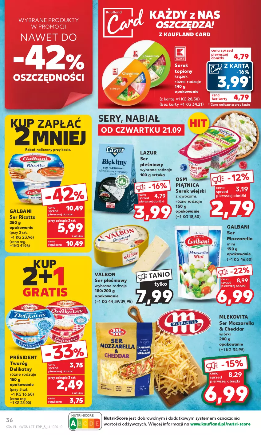 Gazetka promocyjna Kaufland - Gazetka tygodnia - ważna 21.09 do 27.09.2023 - strona 36 - produkty: Cheddar, Galbani, Gra, Lazur, Mleko, Mlekovita, Mozzarella, Piątnica, Président, Ricotta, Ser, Ser pleśniowy, Serek, Serek wiejski, Top, Twaróg, Twaróg delikatny