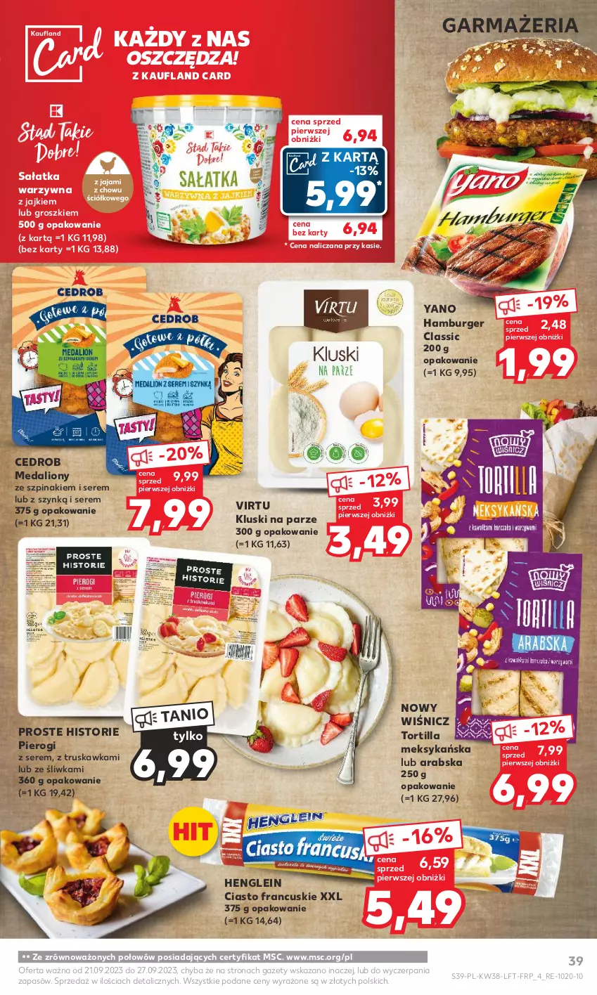 Gazetka promocyjna Kaufland - Gazetka tygodnia - ważna 21.09 do 27.09.2023 - strona 39 - produkty: Burger, Ciasto francuskie, Hamburger, Kluski na parze, Lion, Pierogi, Sałat, Sałatka, Sałatka warzywna, Ser, Szpinak, Tortilla, Virtu