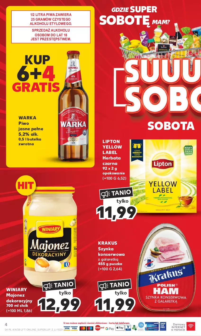 Gazetka promocyjna Kaufland - Gazetka tygodnia - ważna 21.09 do 27.09.2023 - strona 4 - produkty: Gala, Gra, Herbata, Herbata czarna, Krakus, Lipton, Majonez, Piwa, Piwo, Piwo jasne, Ser, Szynka, Szynka konserwowa, Warka, Winiary