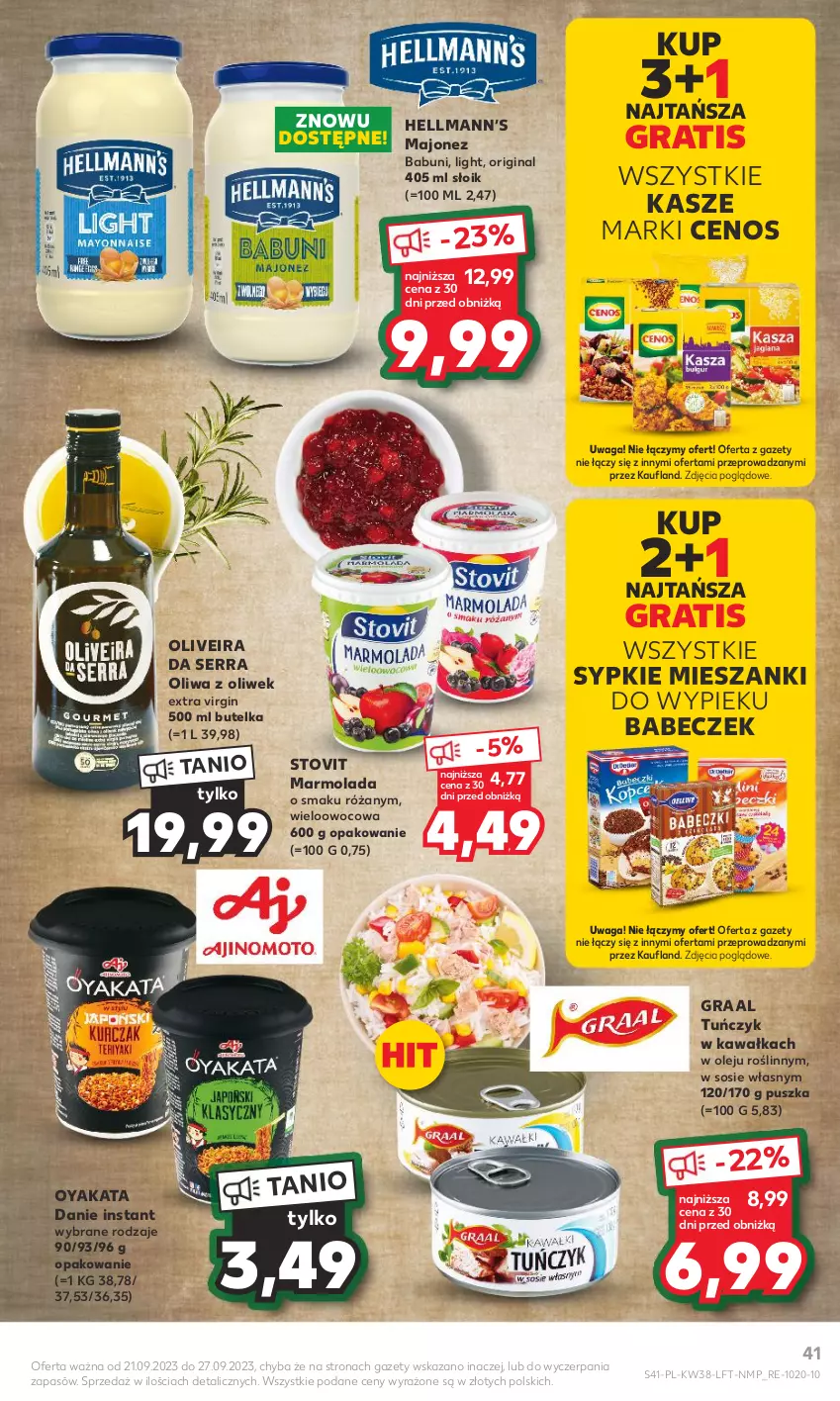 Gazetka promocyjna Kaufland - Gazetka tygodnia - ważna 21.09 do 27.09.2023 - strona 41 - produkty: Babuni, Cenos, Gin, Gra, Graal, Hellmann’s, Kawa, Majonez, Marmolada, Mola, Olej, Oliwa z oliwek, Róża, Ser, Sos, Tuńczyk, Waga