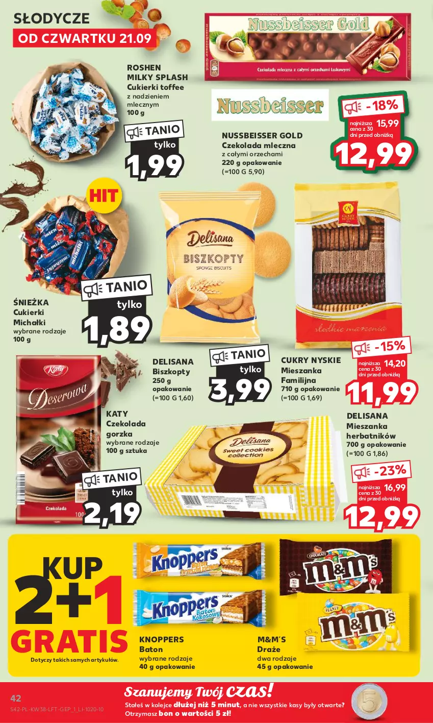 Gazetka promocyjna Kaufland - Gazetka tygodnia - ważna 21.09 do 27.09.2023 - strona 42 - produkty: Baton, Biszkopty, Cukier, Cukierki, Czekolada, Czekolada gorzka, Czekolada mleczna, Fa, Gra, Isana, Knoppers, Michałki, Olej, Ser