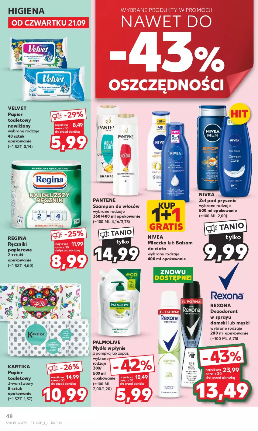 Gazetka promocyjna Kaufland - Gazetka tygodnia - ważna 21.09 do 27.09.2023 - strona 48 - produkty: Balsam do ciała, Dezodorant, Gin, Gra, Mleczko, Mydło, Mydło w płynie, Nivea, Palmolive, Pantene, Papier, Papier toaletowy, Ręcznik, Ręczniki papierowe, Rexona, Szampon, Velvet