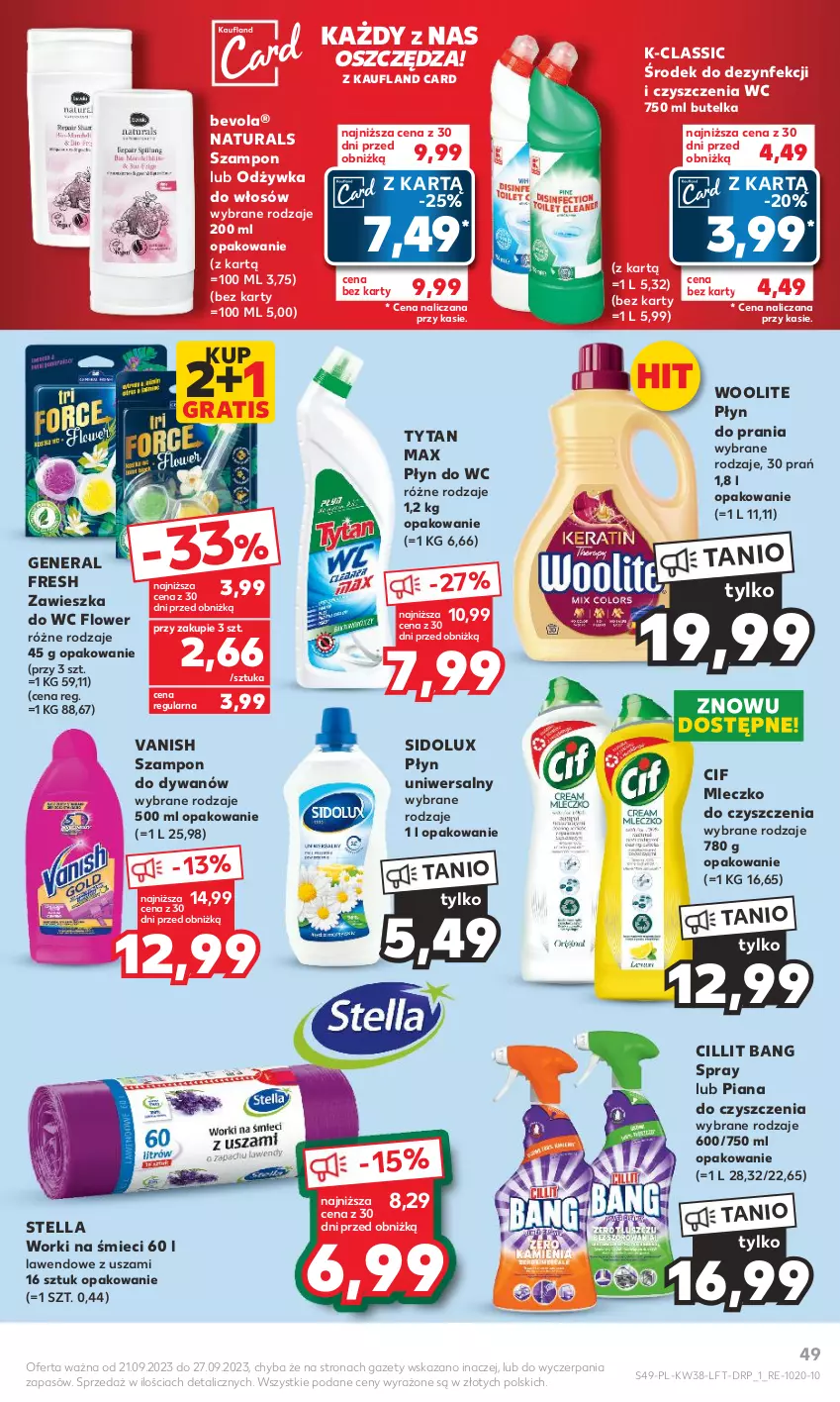 Gazetka promocyjna Kaufland - Gazetka tygodnia - ważna 21.09 do 27.09.2023 - strona 49 - produkty: Cif, Cillit Bang, Dywan, Gra, Mleczko, Odżywka, Płyn do prania, Płyn do wc, Sidolux, Szampon, Tytan, Vanish, Woolite, Worki na śmiec, Worki na śmieci, Zawieszka do wc