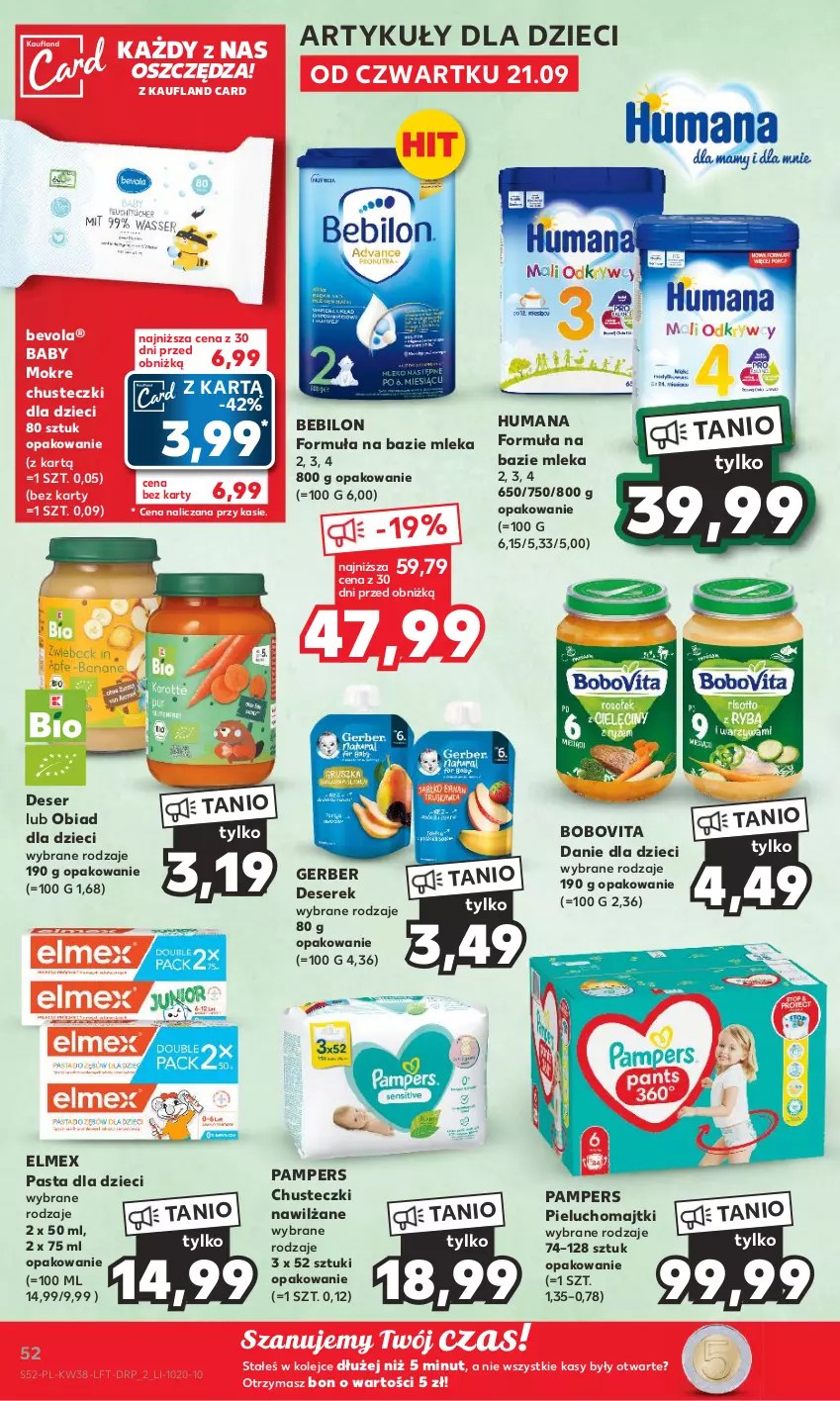 Gazetka promocyjna Kaufland - Gazetka tygodnia - ważna 21.09 do 27.09.2023 - strona 52 - produkty: BEBILON, BoboVita, Chusteczki, Danie dla dzieci, Deser, Dzieci, Elmex, Gerber, Humana, Majtki, Olej, Pampers, Pieluchomajtki, Ser, Serek