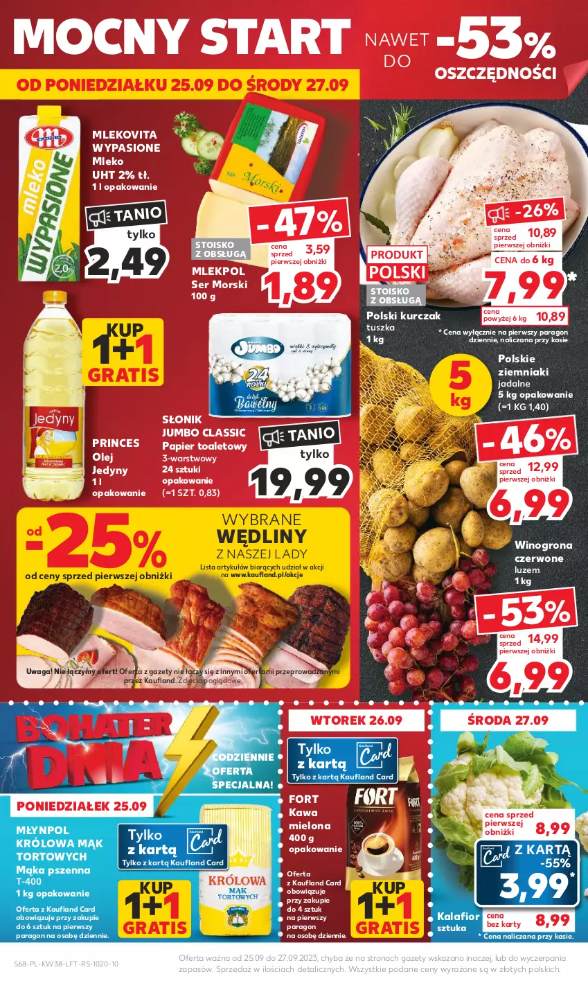 Gazetka promocyjna Kaufland - Gazetka tygodnia - ważna 21.09 do 27.09.2023 - strona 68 - produkty: Gra, Kalafior, Kawa, Kawa mielona, Kurczak, Mąka, Mąka pszenna, Mleko, Mlekovita, Młynpol, Olej, Papier, Papier toaletowy, Ser, Tusz, Waga, Wino, Winogrona, Ziemniaki