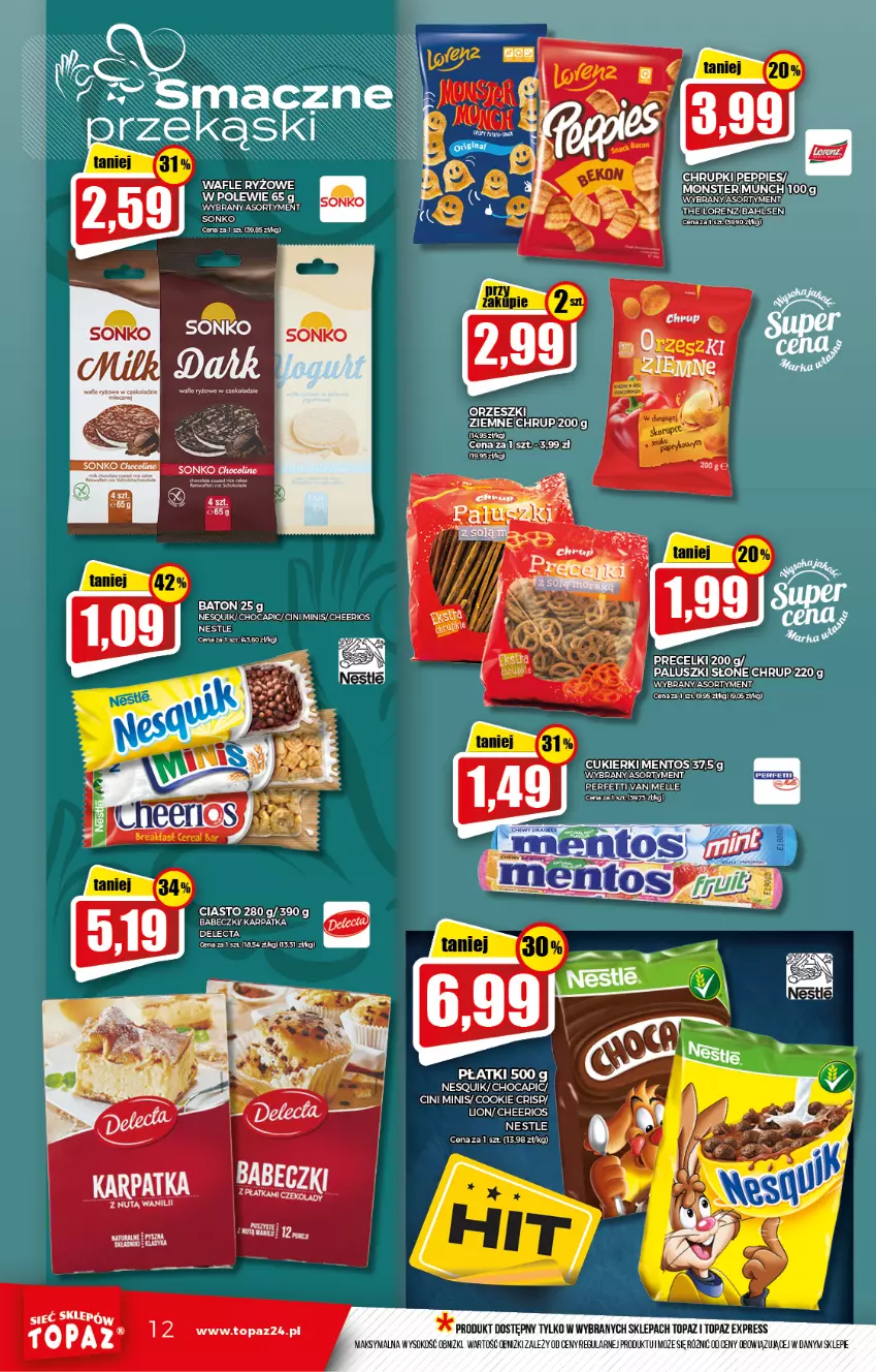 Gazetka promocyjna Topaz - Gazetka - ważna 04.11 do 10.11.2021 - strona 12 - produkty: Cheerios, Cini Minis, Delecta, Nesquik, Orzeszki, Sok, Sonko, Top