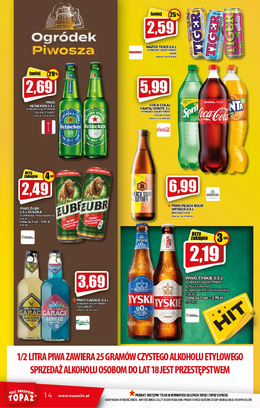 Gazetka promocyjna Topaz - Gazetka - ważna 04.11 do 10.11.2021 - strona 14 - produkty: Carlsberg, Gra, Heineken, Napój, Piwa, Piwo, Sok, Tiger, Top, Tyskie