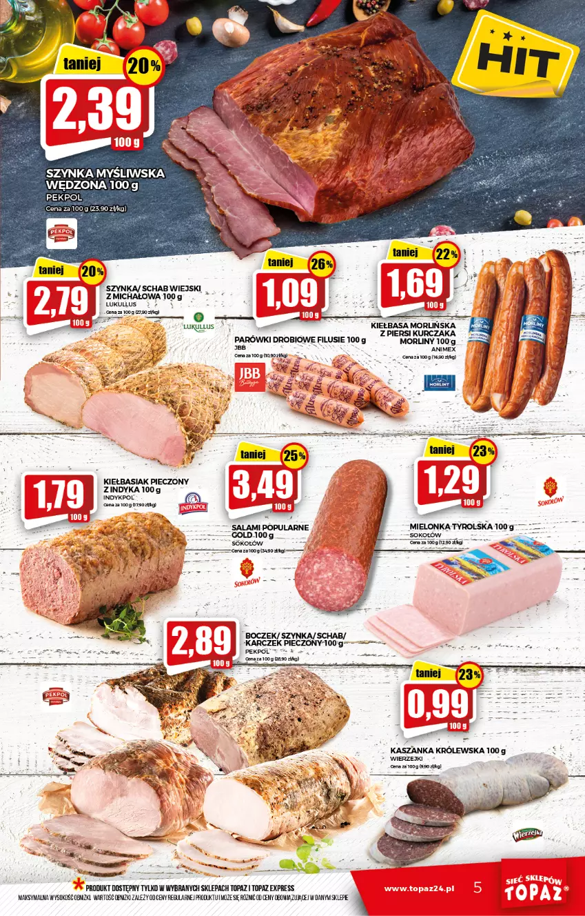 Gazetka promocyjna Topaz - Gazetka - ważna 04.11 do 10.11.2021 - strona 5 - produkty: Basia, Boczek, Kasza, Kaszanka, Kiełbasa, Kurczak, Morliny, Parówki, Pekpol, Piec, Salami, Sok, Sokołów, Szynka, Top