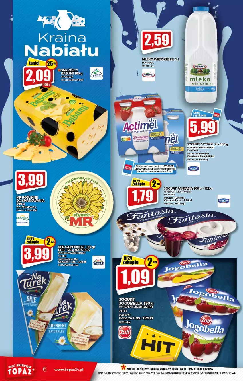 Gazetka promocyjna Topaz - Gazetka - ważna 04.11 do 10.11.2021 - strona 6 - produkty: Actimel, Bell, Bella, Brie, Camembert, Danone, Fa, Fanta, Jogobella, Jogurt, Mleko, NaTurek, Piątnica, Por, Ser, Sok, Top, Zott