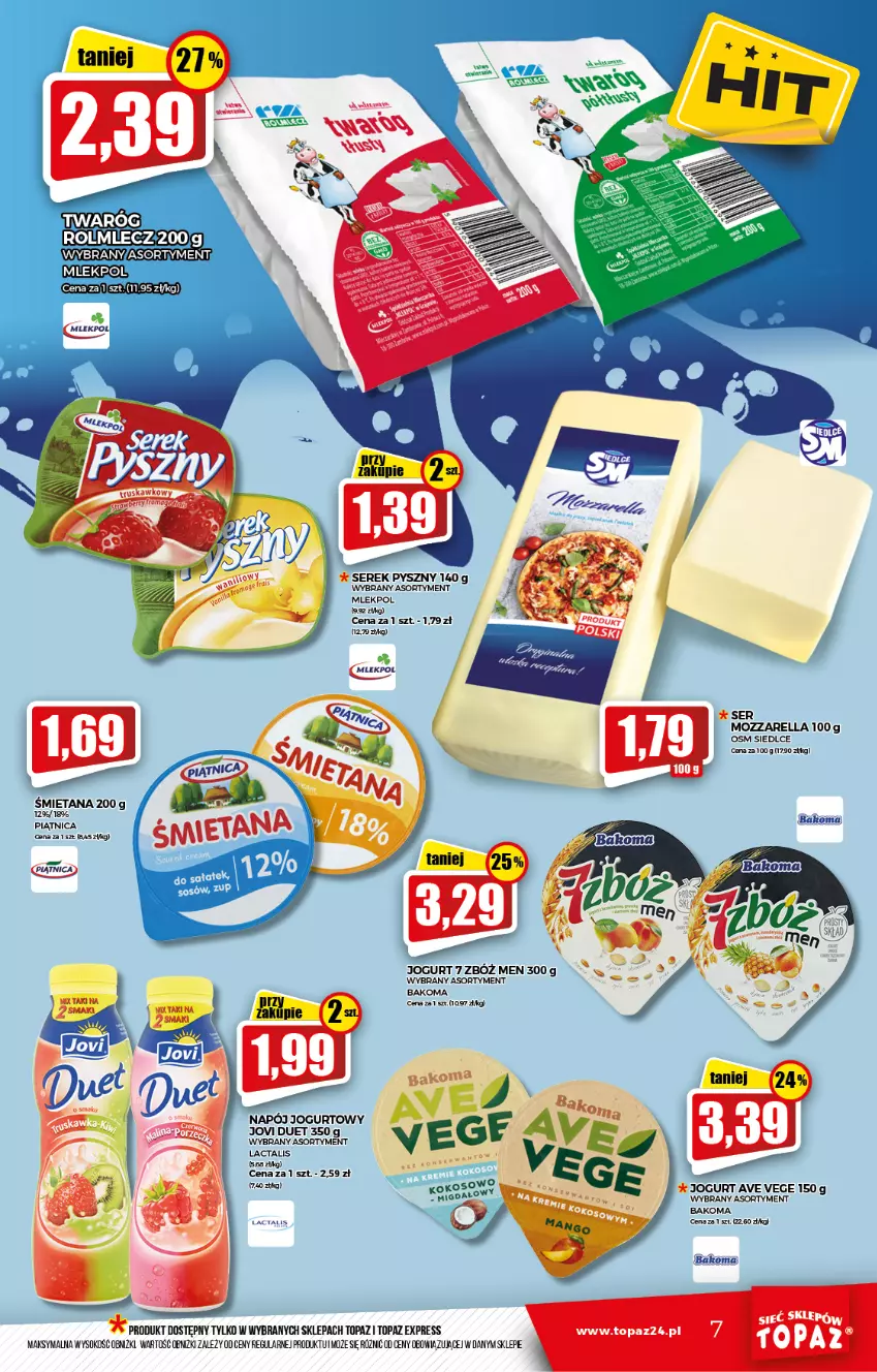 Gazetka promocyjna Topaz - Gazetka - ważna 04.11 do 10.11.2021 - strona 7 - produkty: Bakoma, Fa, Jogurt, Miecz, Mozzarella, Napój, Napój jogurtowy, Piątnica, Ser, Serek, Sok, Top, Twaróg