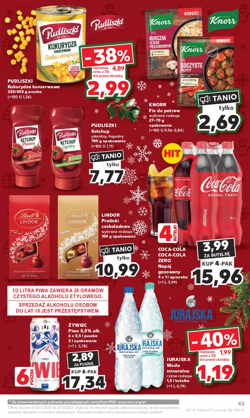 Gazetka promocyjna Kaufland - Gazetka tygodnia - ważna 20.12 do 27.12.2023 - strona 43 - produkty: Coca-Cola, Gra, Ketchup, Knorr, Kukurydza, Kukurydza konserwowa, Lindor, Napój, Napój gazowany, Piwa, Piwo, Pudliszki, Ser, Woda, Woda mineralna