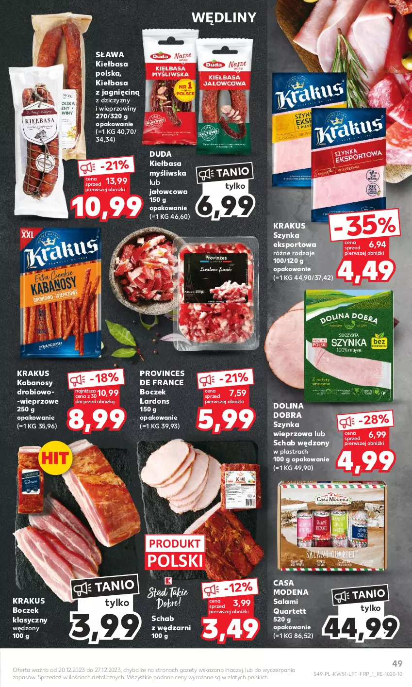 Gazetka promocyjna Kaufland - Gazetka tygodnia - ważna 20.12 do 27.12.2023 - strona 49 - produkty: Boczek, Duda, Kabanos, Kiełbasa, Krakus, Por, Salami, Sport, Szynka, Szynka wieprzowa