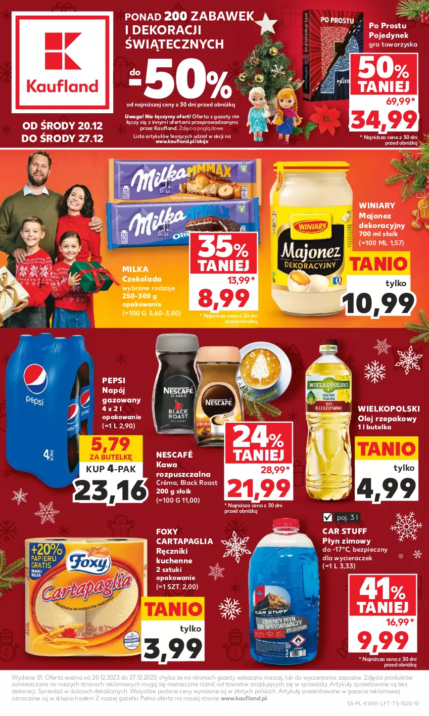 Gazetka promocyjna Kaufland - Gazetka tygodnia - ważna 20.12 do 27.12.2023 - strona 5 - produkty: Czekolada, Foxy, Gra, Kawa, Kawa rozpuszczalna, Lack, Majonez, Milka, Napój, Napój gazowany, Nescafé, Olej, Olej rzepakowy, Pepsi, Piec, Płyn zimowy, Ręcznik, Waga, Winiary