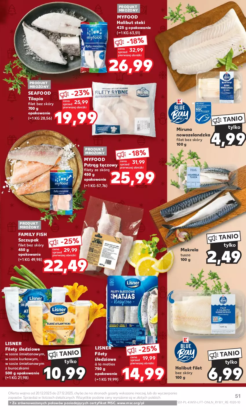 Gazetka promocyjna Kaufland - Gazetka tygodnia - ważna 20.12 do 27.12.2023 - strona 51 - produkty: Fa, Halibut, Lisner, Miruna, Pstrąg, Pstrąg tęczowy, Sos, Stek, Tilapia, Tusz, Zupa