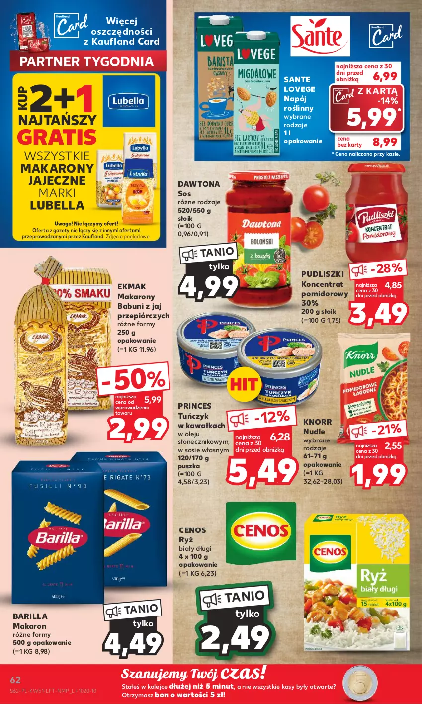 Gazetka promocyjna Kaufland - Gazetka tygodnia - ważna 20.12 do 27.12.2023 - strona 62 - produkty: Babuni, Barilla, Bell, Bella, Cenos, Dawtona, Gra, Kawa, Knorr, Koncentrat pomidorowy, Lubella, Makaron, Napój, Napój roślinny, Olej, Pudliszki, Ryż, Ryż biały, Sante, Sos, Tuńczyk, Waga