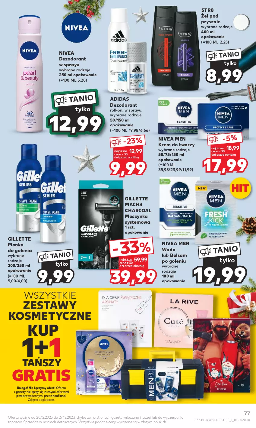 Gazetka promocyjna Kaufland - Gazetka tygodnia - ważna 20.12 do 27.12.2023 - strona 77 - produkty: Adidas, Balsam po goleniu, Dezodorant, Gillette, Gra, Krem do twarzy, Mach3, Maszynka, Nivea, Nivea Men, Pianka do golenia, Str8, Szynka, Waga, Woda