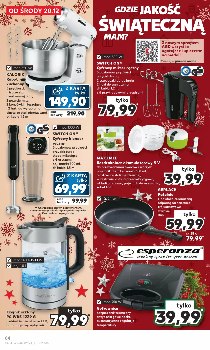 Gazetka promocyjna Kaufland - Gazetka tygodnia - ważna 20.12 do 27.12.2023 - strona 84 - produkty: Akumulator, Blender, Blender ręczny, Czajnik, Gofrownica, Kabel USB, Mikser, Mikser ręczny, Noż, Patelnia, Piec, Pojemnik, Por, Robot, Rozdrabniacz, Ser, Top