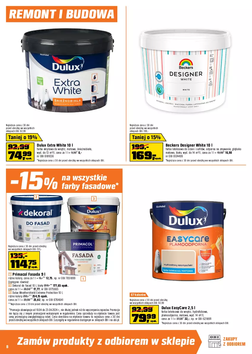 Gazetka promocyjna Obi - Gazetka OBI - ważna 10.04 do 23.04.2024 - strona 8 - produkty: Beckers, Dekoral, Dulux, Fa, Farba akrylowa, Farba lateksowa, Finish, Masa szpachlowa, Por, Prima, Wylewka betonowa