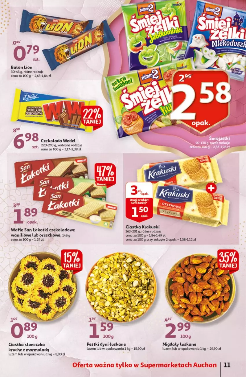 Gazetka promocyjna Auchan - 25 Urodziny #1 Supermarkety - ważna 22.04 do 28.04.2021 - strona 11 - produkty: Baton, Ciastka, Czekolada, Krakus, Krakuski, Lion, Migdały, Migdały łuskane, Mola, Pestki dyni, Wafle