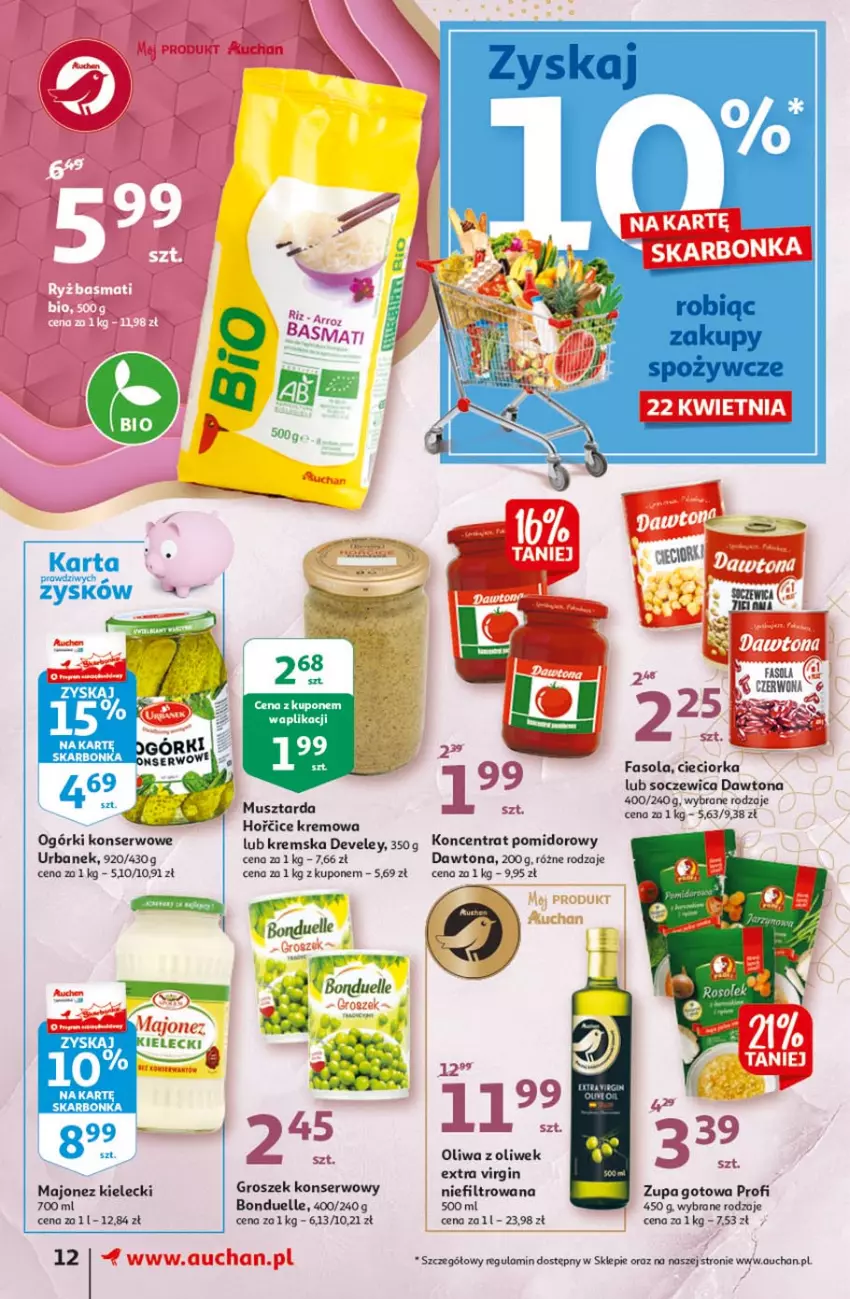 Gazetka promocyjna Auchan - 25 Urodziny #1 Supermarkety - ważna 22.04 do 28.04.2021 - strona 12 - produkty: Bonduelle, Cieciorka, Dawtona, Fa, Fasola, Gin, Groszek, Koncentrat pomidorowy, Majonez, Mus, Musztarda, Ogórki konserwowe, Oliwa z oliwek, Orka, Ser, Zupa