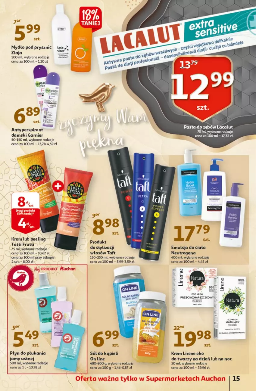 Gazetka promocyjna Auchan - 25 Urodziny #1 Supermarkety - ważna 22.04 do 28.04.2021 - strona 15 - produkty: Emulsja, Fa, Garnier, Lacalut, Lirene, Mydło, Neutrogena, Płyn do płukania, Sól, Sól do kąpieli, Taft, Ziaja