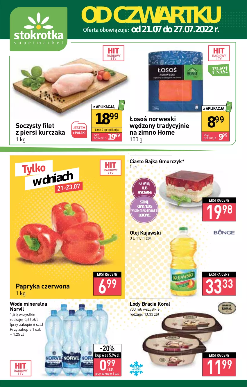 Gazetka promocyjna Stokrotka - Supermarket - ważna 21.07 do 27.07.2022 - strona 1 - produkty: Filet z piersi kurczaka, Kujawski, Kurczak, Lody, Olej, Papryka, Papryka czerwona, Woda, Woda mineralna